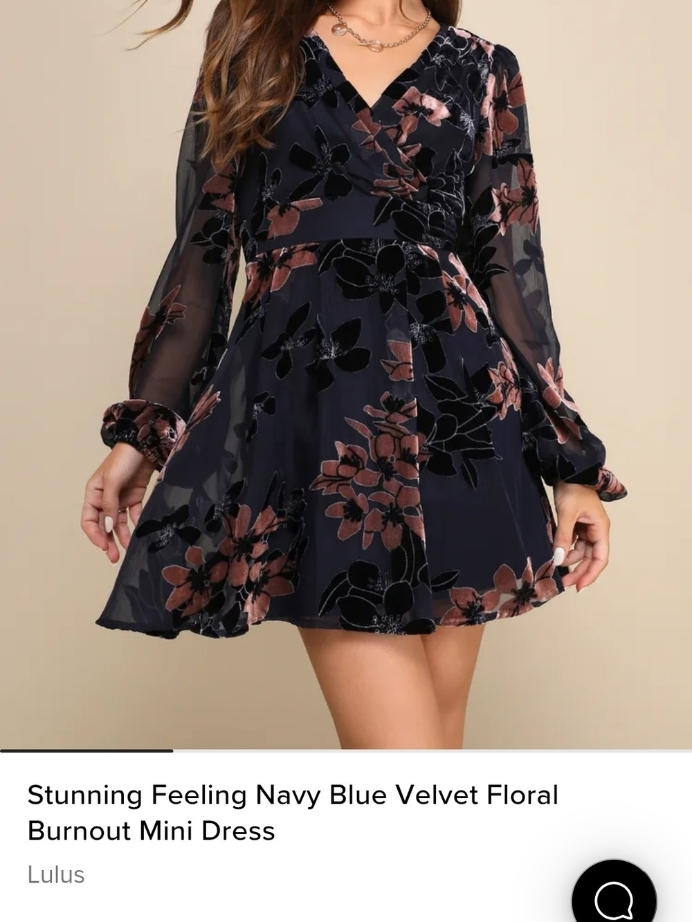 Lulu's Navy Floral Velvet Burnout V‑Neck Mini Dress